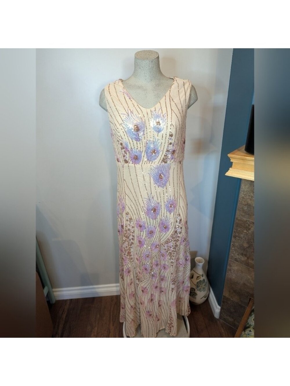 Women's Vintage Peacock Sequin Formal Dress V Neck Party Prom Evening Gown 1x - Picture 14 of 15